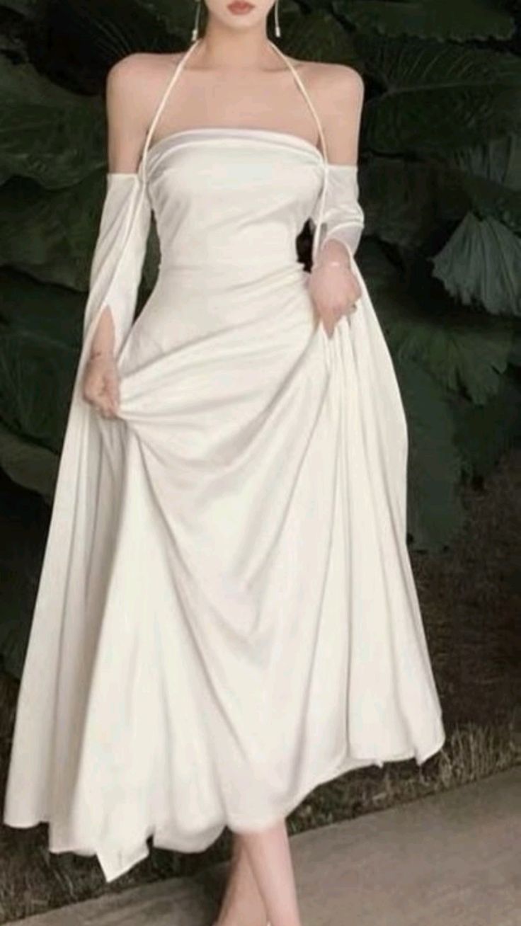 Elegant A line Straps Long Sleeves Silk Satin White Prom Dresses Formal Dress P1122