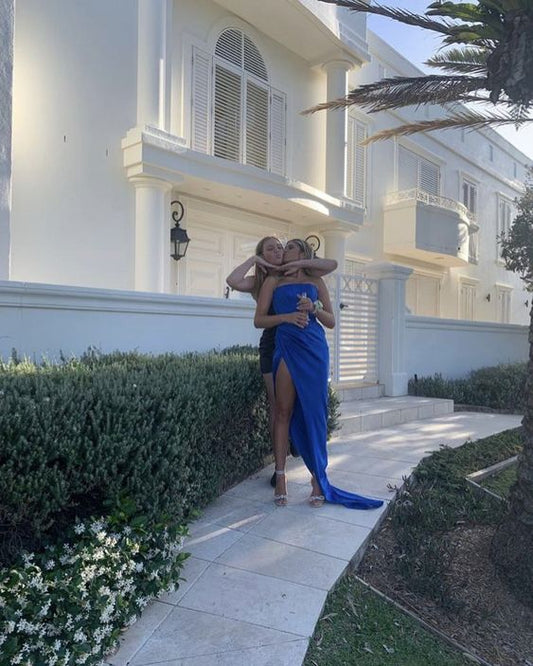 Elegant Sheath Strapless Royal Blue Slit Prom Dresses Formal Dress P1126