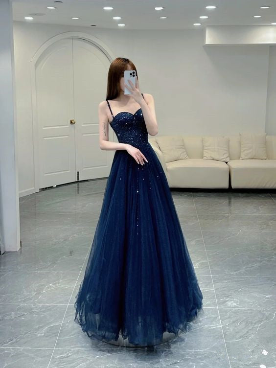Elegant A line Straps Tulle Navy Blue Prom Dresses Formal Evening Dress P1145
