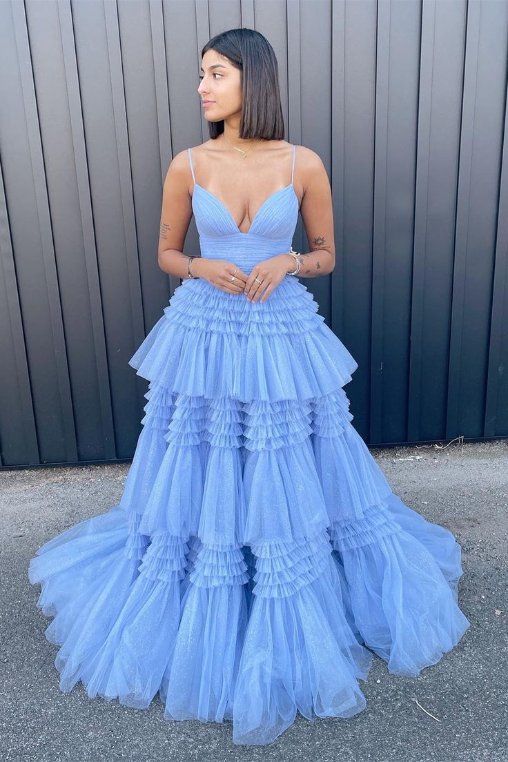 Princess Pink Tiered Layers Tulle Long Prom Dresses P1153