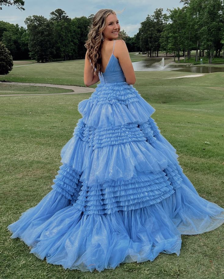 Princess Pink Tiered Layers Tulle Long Prom Dresses P1153