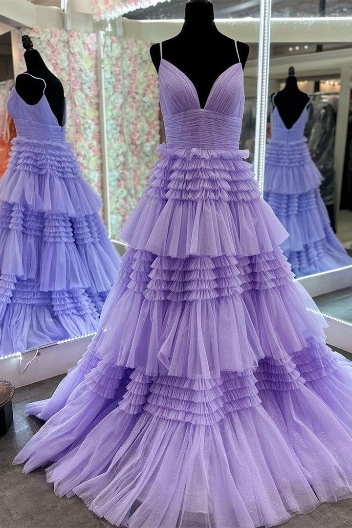 Princess Pink Tiered Layers Tulle Long Prom Dresses P1153