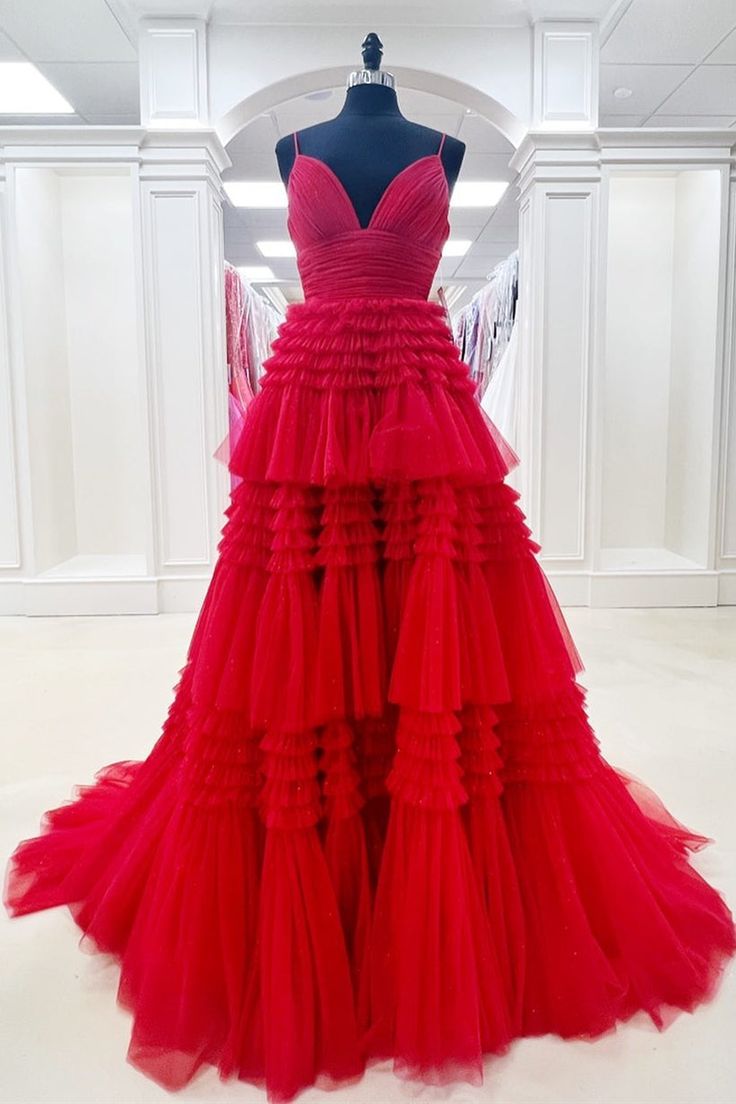 Princess Pink Tiered Layers Tulle Long Prom Dresses P1153