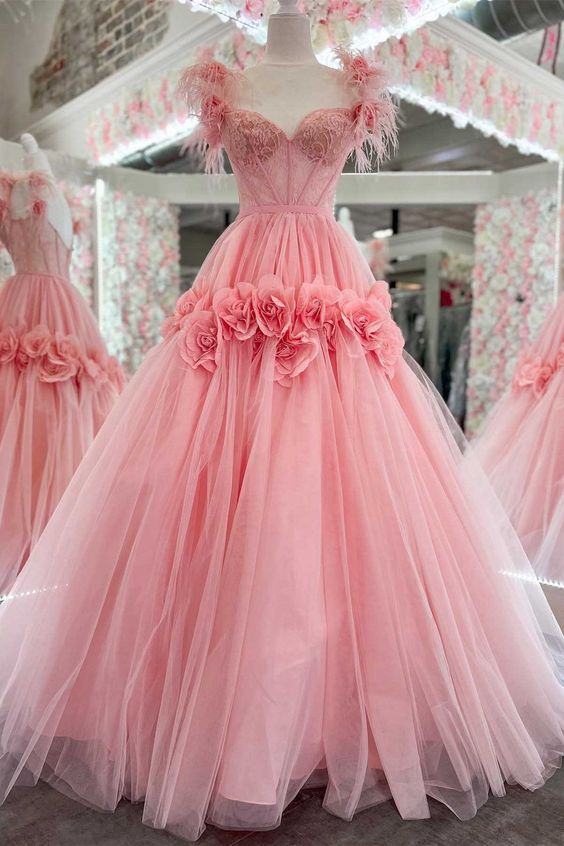 pink floral lace prom dress Leely Women Princess Pink Corset A-Line Floral Prom Dress with Slit Off the Shoulder Applique Party Dress