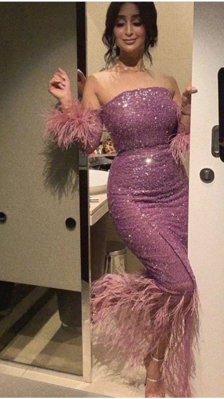 Sexy Mermaid Strapless Sequin Lilac Prom Dress With Feather P1205