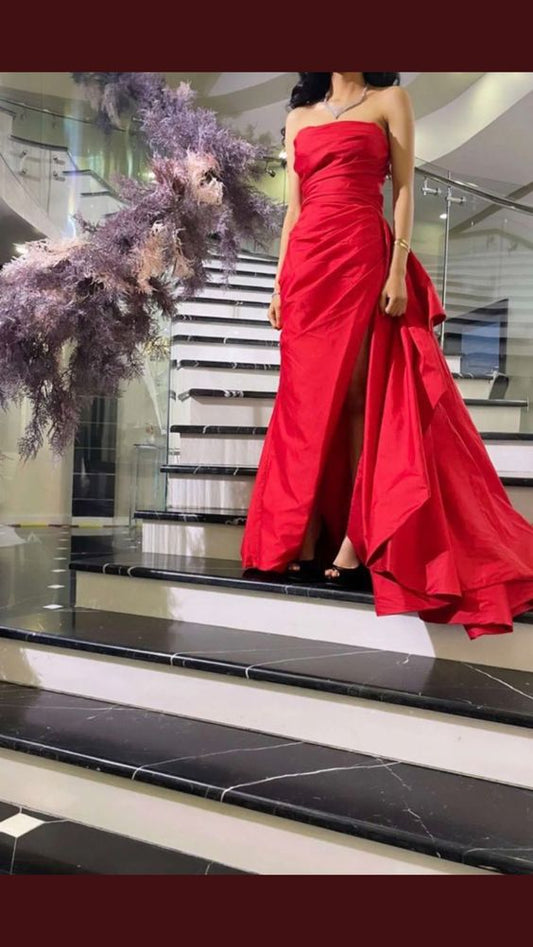 Sexy Mermaid Long Strapless Red Slit Prom Dresses P1207