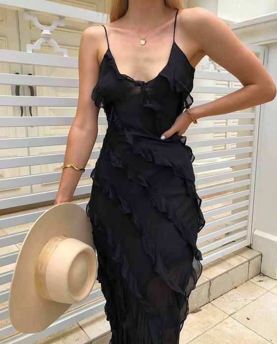 Sexy Etuikleid Lange Träger Schwarzer Chiffon Ballkleider P1213