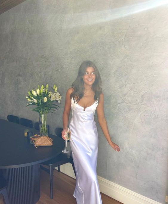 Sexy A line Long Straps Silk Satin White Prom Dresses P1219