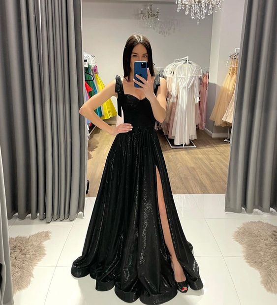 Modest A line Straps Black Sequin Prom Dresses P1229