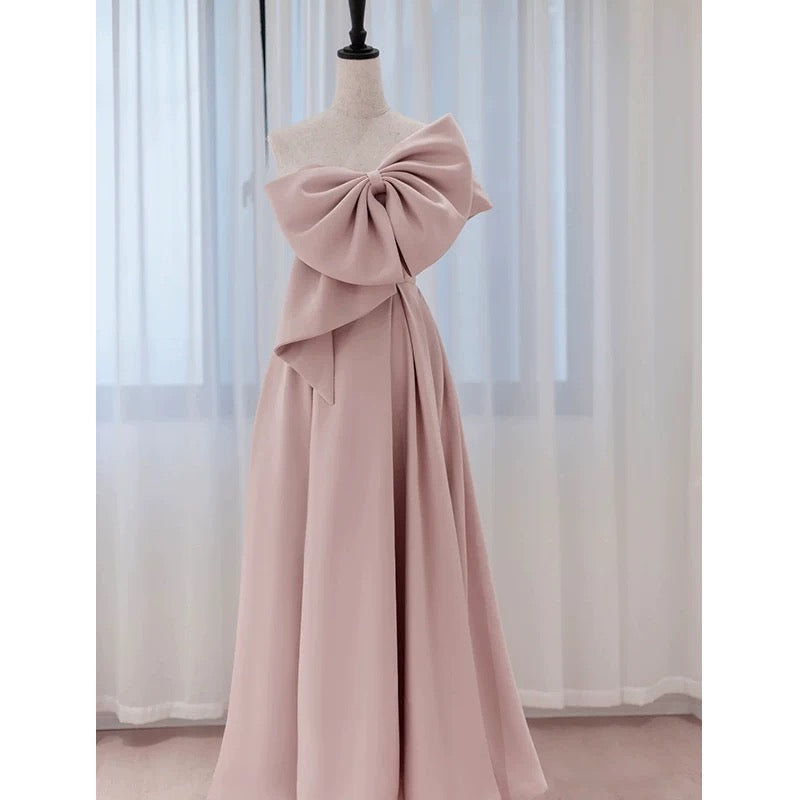 Modest A Line Strapless Long Sleeveless Satin Pink Prom Dresses P1233