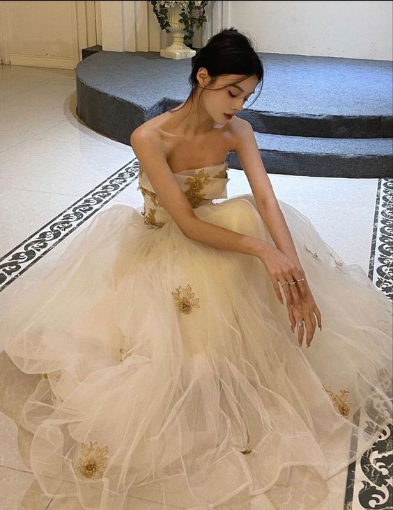 Modest A line Strapless Long Champagne Tulle Prom Dresses P1257