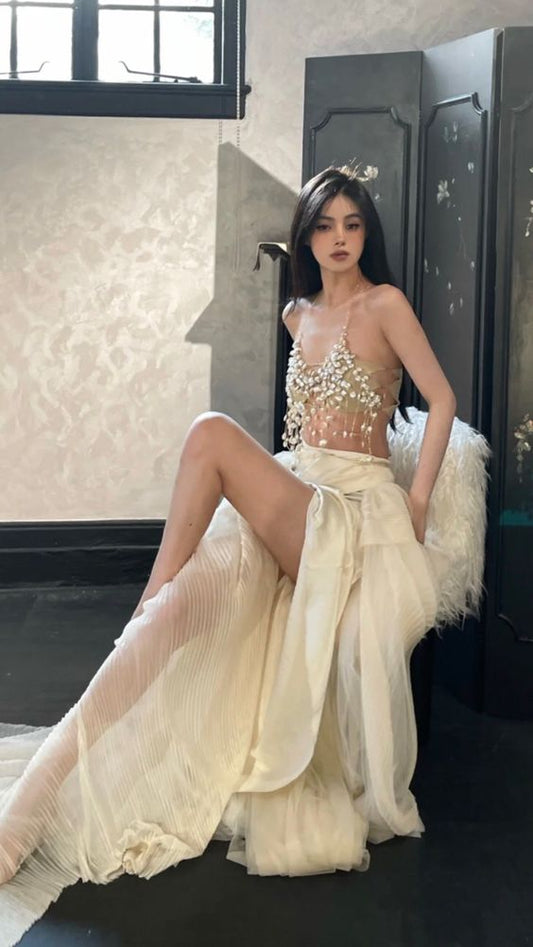 Modest 2 Pieces Strapless Long Champagne Tulle Prom Dresses P1258