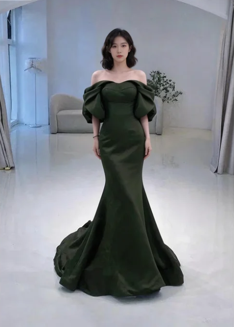 Meerjungfrau Off-Shoulder Dunkelgrünes langes Ballkleid P1268