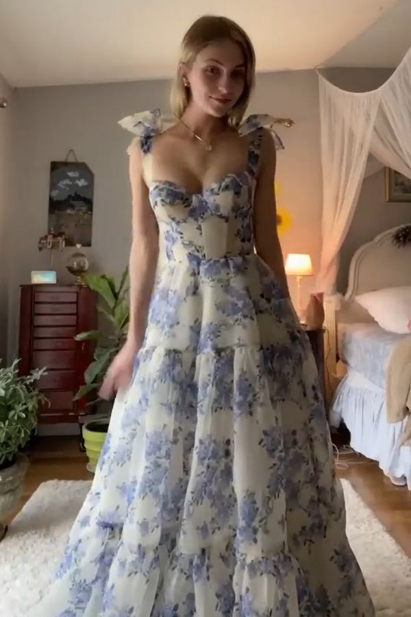 Beautiful Aline Spaghetti Strap Sleeveless Long Floral Prom Dress P1274
