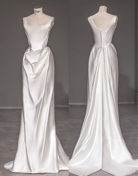 Vintage Mermaid Straps Long White Satin Backless Wedding Dresses P1279