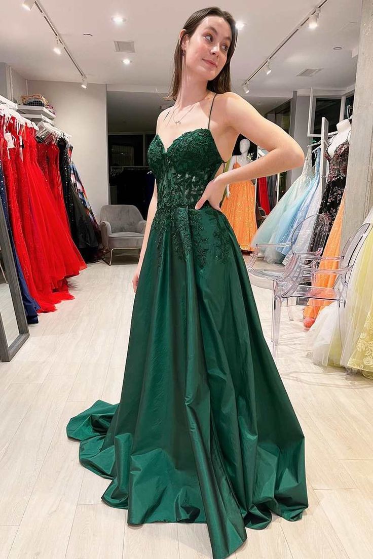 Elegant A line Floral Appliques Lace-Up A-Line Dark Green Prom Dresses Elegant A line Floral Appliques Lace-Up A-Line Dark Green Prom Dresses