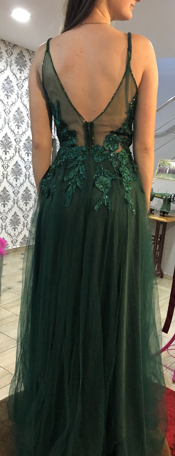 Vintage A line Straps Appliques Dark Green Tulle Prom Dresses P1299