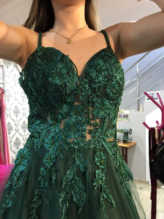 Vintage A line Straps Appliques Dark Green Tulle Prom Dresses P1299 PreppyDress Vintage A line Straps Appliques Dark Green Tulle Prom Dresses P1299 PreppyDress