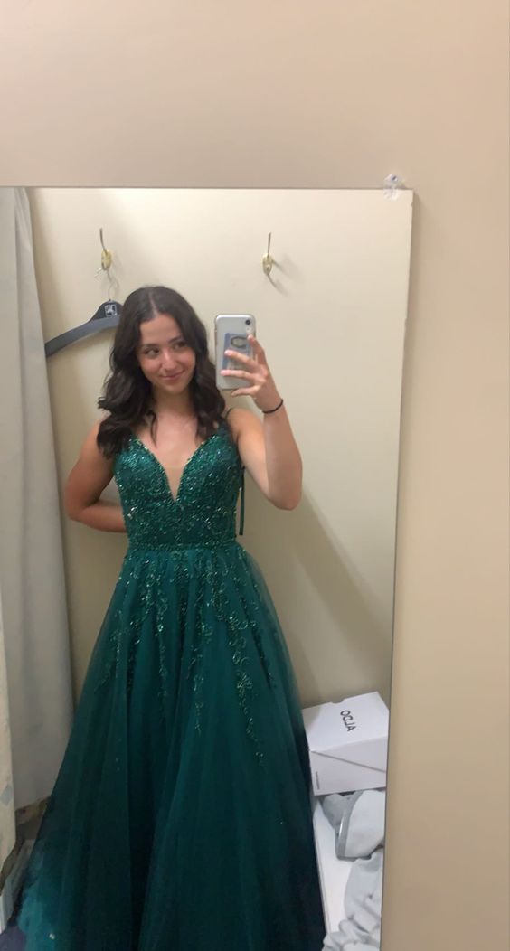 A Line Straps Dark Green Prom Dresses Appliqued Beaded Formal Dress P1 PreppyDress A Line Straps Dark Green Prom Dresses Appliqued Beaded Formal Dress P1 PreppyDress