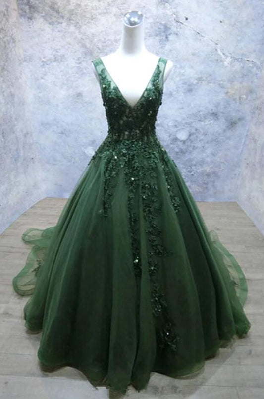Dark Green A Line Backless Prom Dresses V Neck Appliqued Beaded Formal Dress P1302