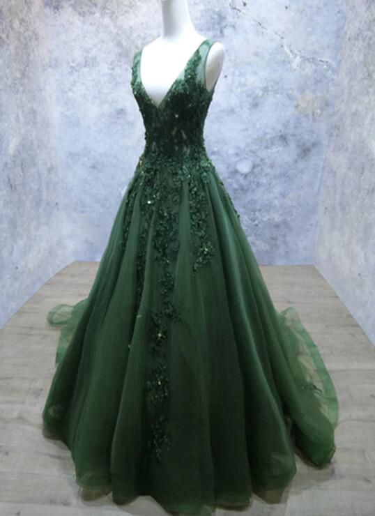 Dark Green A Line Backless Prom Dresses V Neck Appliqued Beaded Formal Dark Green A Line Backless Prom Dresses V Neck Appliqued Beaded Formal