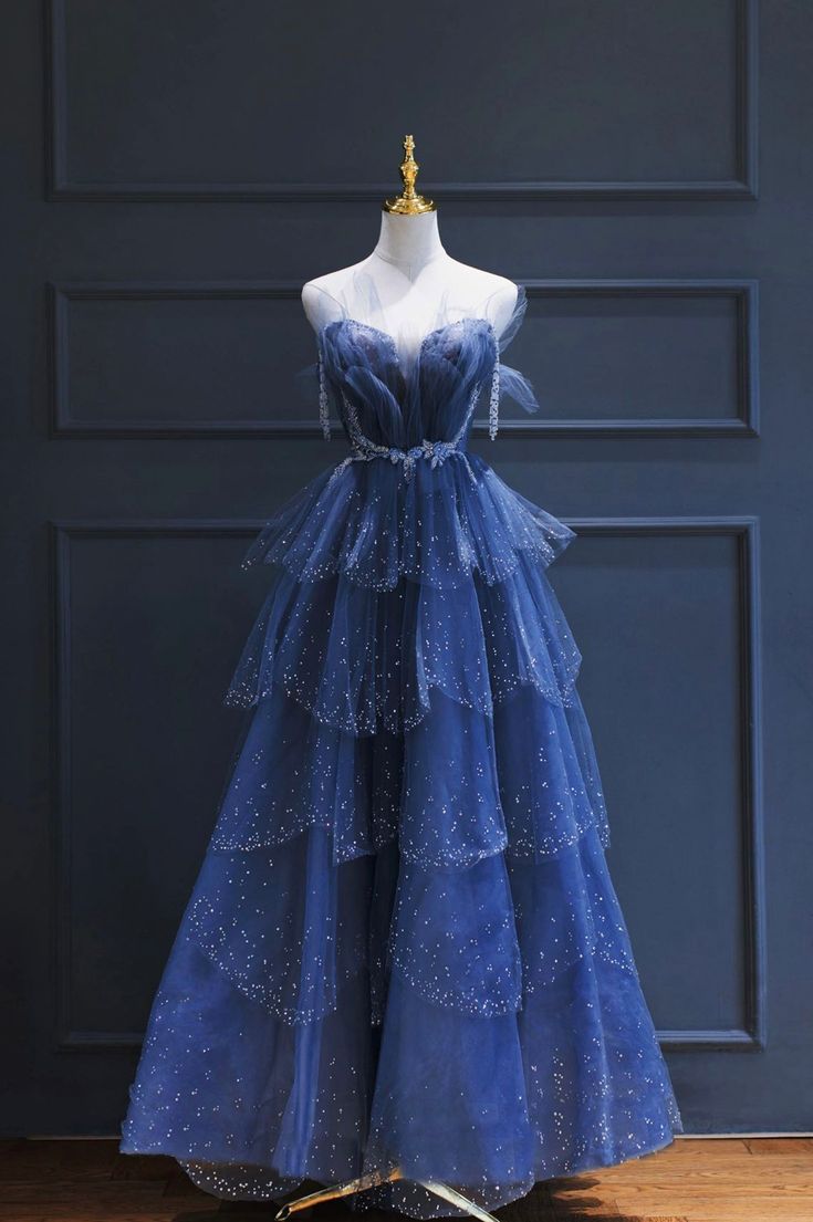 Vintage A-Line Blue Tulle Beaded Long Senior Prom Dress Formal Dress P PreppyDress Vintage A-Line Blue Tulle Beaded Long Senior Prom Dress Formal Dress P PreppyDress