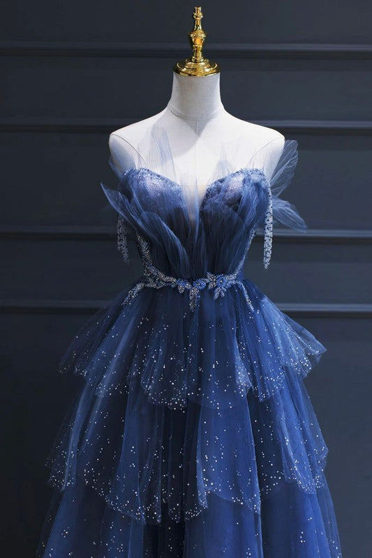 Vintage A-Line Blue Tulle Beaded Long Senior Prom Dress Formal Dress P1308