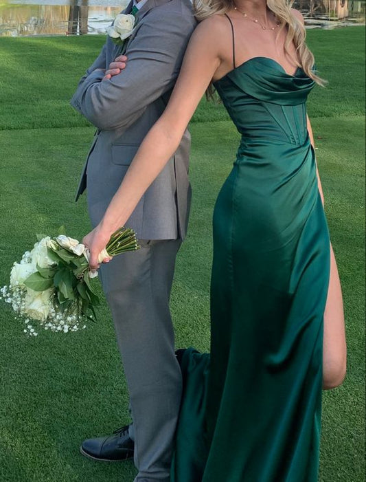 Sexy Mermaid Spaghetti Straps Dark Green High Slit Long Prom Dresses P1346