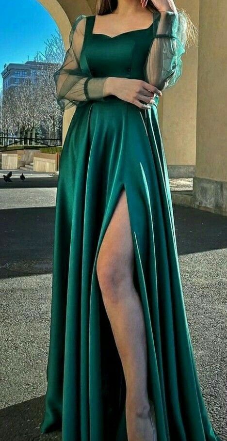 Simple A Line Long Sleeves Green Slit Prom Dress P1410 PreppyDress Simple A Line Long Sleeves Green Slit Prom Dress P1410 PreppyDress
