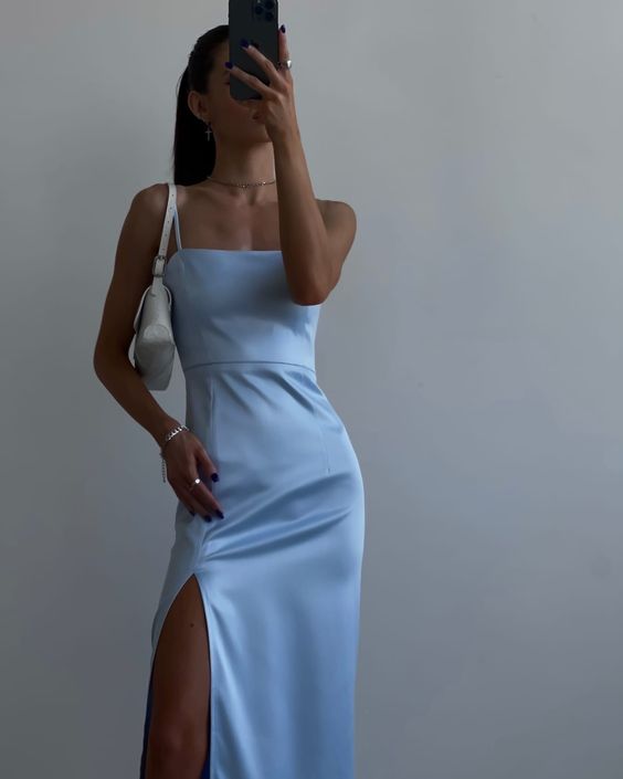 Modest Sheath Straps Light Sky Blue Slit Prom Dress P1442