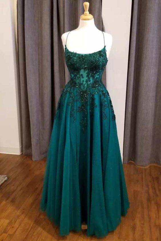 hunter green a line dress Hunter Green Deep V-Neck Straps A-line Long Prom Dress FancyVestido
