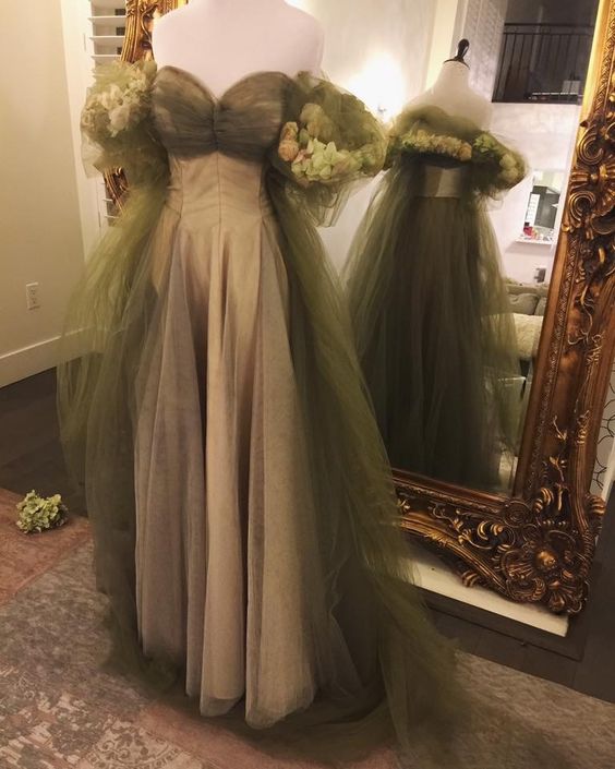 Vintage A Line Off The Shoulder Tulle Sage Green Prom Dress P1460 PreppyDress Vintage A Line Off The Shoulder Tulle Sage Green Prom Dress P1460 PreppyDress