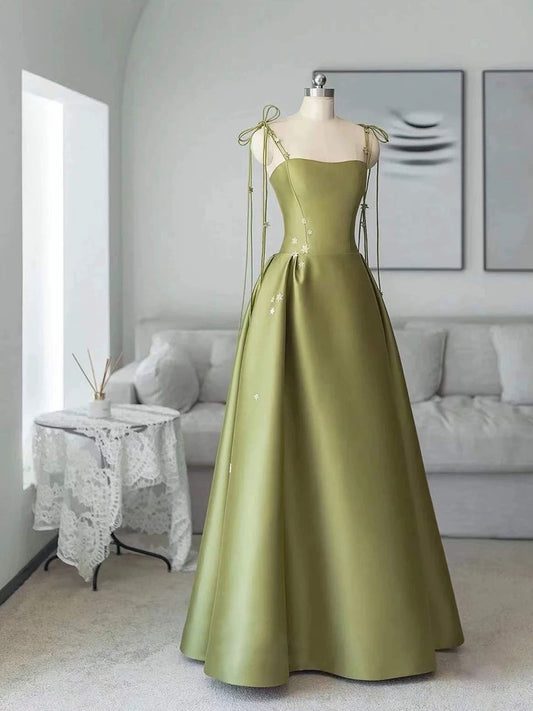 Simple A Line Straps Dark Green Satin Prom Dress P1468