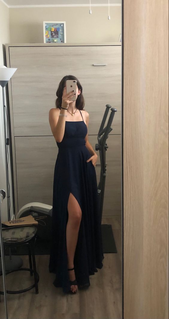 Sexy A Line Straps Floor Length Navy Blue Slit Prom Dresses P1481 PreppyDress Sexy A Line Straps Floor Length Navy Blue Slit Prom Dresses P1481 PreppyDress
