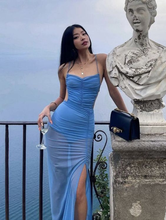 Blue Sexy Long Prom Dress See-through Prom Dress Beach Dress P1497