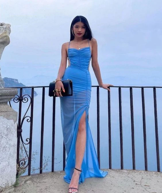 Blue Sexy Long Prom Dress See-through Prom Dress Beach Dress P1497 Blue Sexy Long Prom Dress See-through Prom Dress Beach Dress P1497