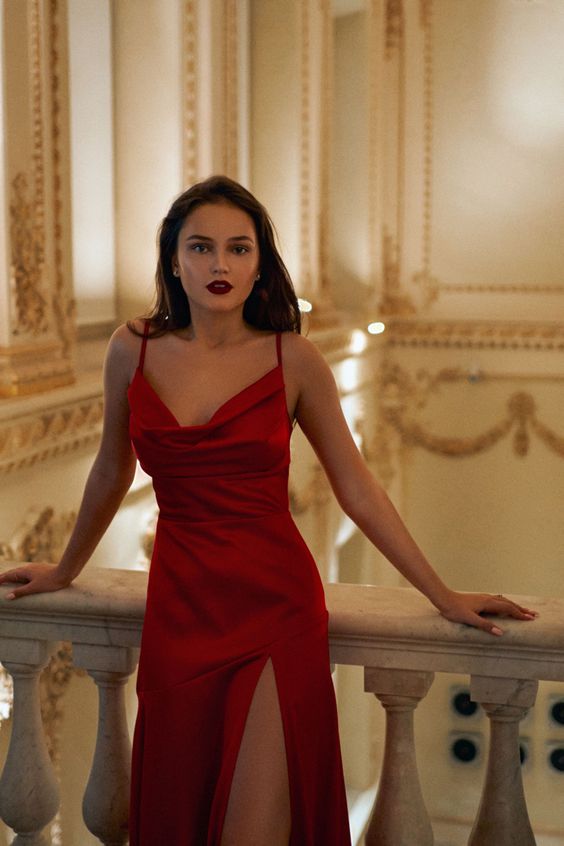 A line Spaghetti Straps Red Long Prom Dress With Slit P1501