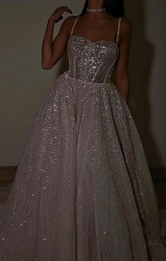 Sparkly Charming A line Spaghetti Straps Long Sequin Prom Dress P1506