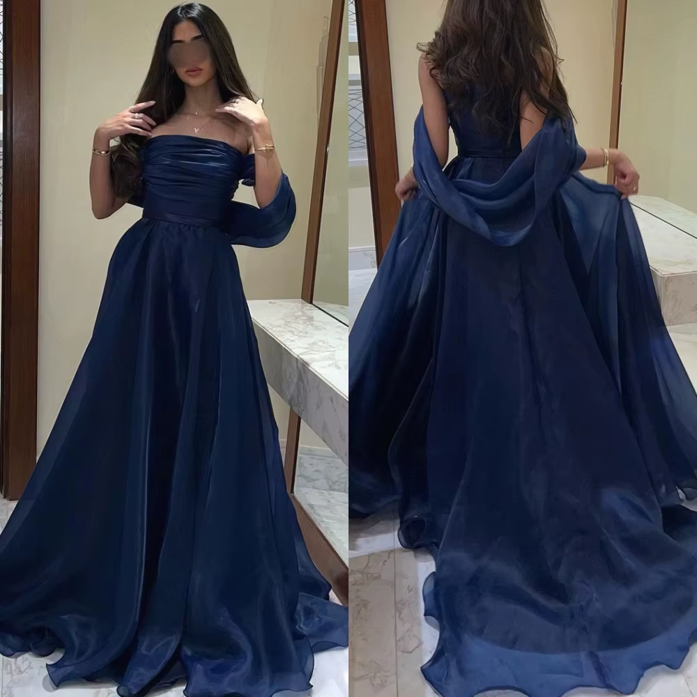 A line Strapless Navy Blue Long Prom Dress With Straps P1516