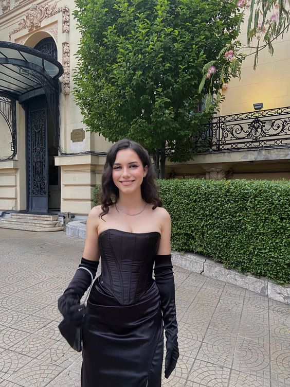 Sexy Mermaid Strapless Black Slit Long Prom Dress With Gloves P1523