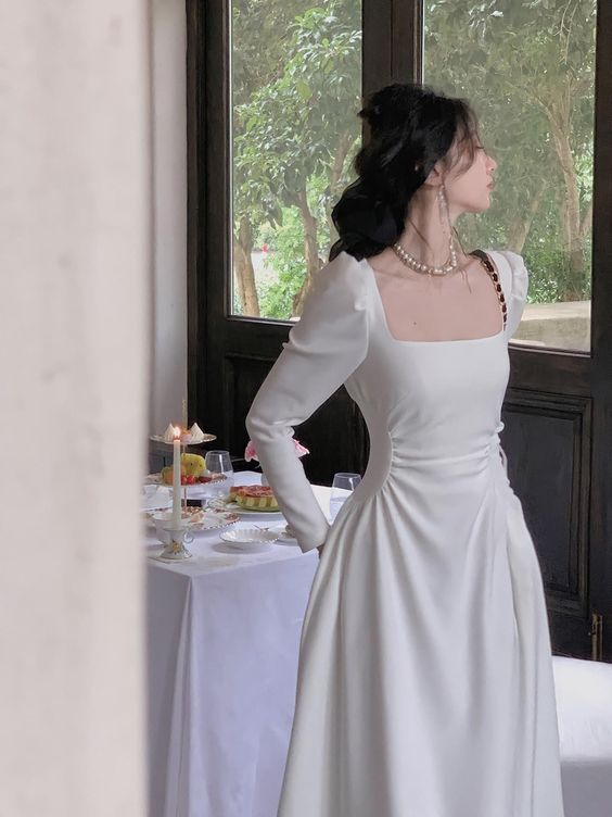 Sexy A line Square Neckline Long Sleeves White Prom Dress P1528