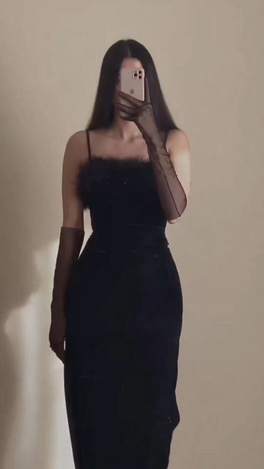 Sexy Sheath Straps Long Black Velvet Slit Feathers Prom Dress P1538