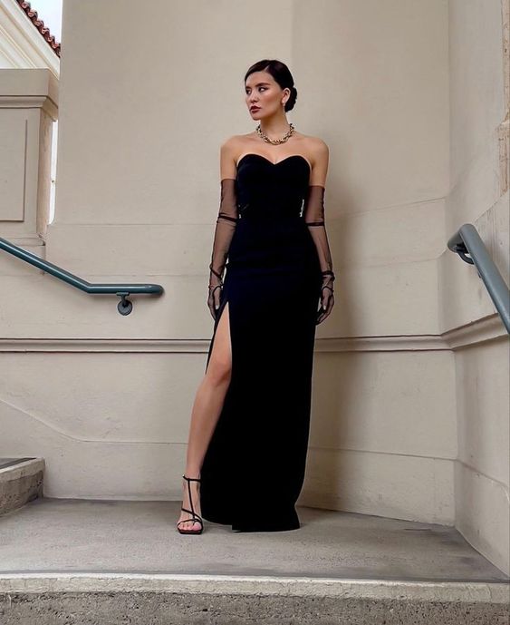 Chic Mermaid Sweetheart Velvet Long Black Prom Dress With Gloves P1550