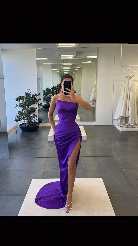 Sexy Mermaid Strapless Long Grape Prom Dress With Slit P1554
