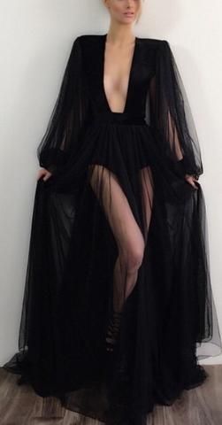 Sexy A line Long Sleeves Black Slit Prom Dresses P1574