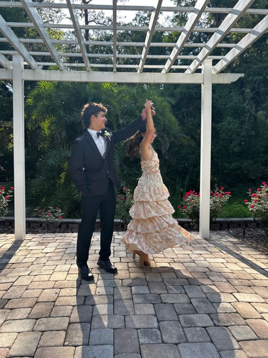 Cute A line Long Floral Ruffles Prom Dress Party Dresses P1584