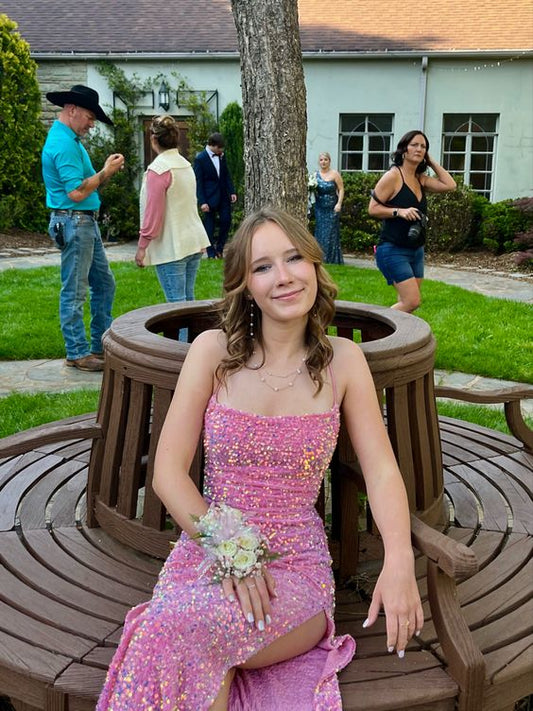 Sexy Mermaid Long Pink Sequin Prom Dress Party Dresses P1586