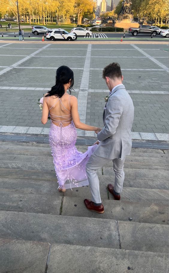 Sexy Mermaid Long Lilac Backless Lace Prom Dress Party Dresses P1588