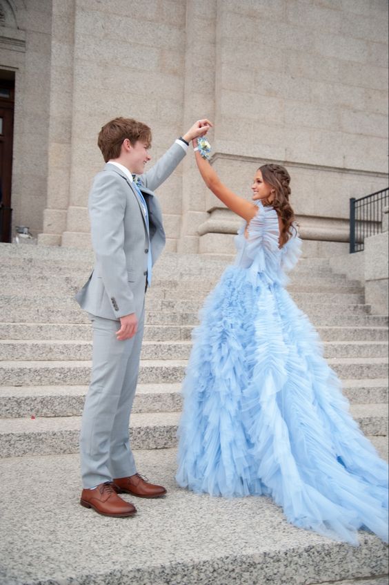 Sky Blue New Style Long Prom Dress Puffy Sleeveless Party Dresses P1593