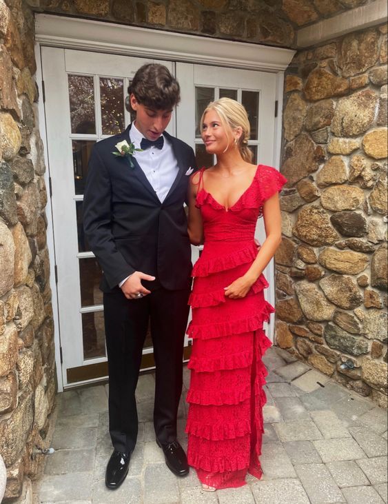 Sexy Sheath Lace Red Prom Dress Ruffles Party Dresses P1609 - RED / US2 Sexy Sheath Lace Red Prom Dress Ruffles Party Dresses P1609 - RED / US2